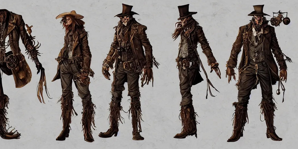 Prompt: steampunk the scarecrow, character sheet, concept design, contrast, kim jung gi, greg rutkowski, zabrocki, karlkka, jayison devadas, trending on artstation, 8 k, ultra wide angle, pincushion lens effect