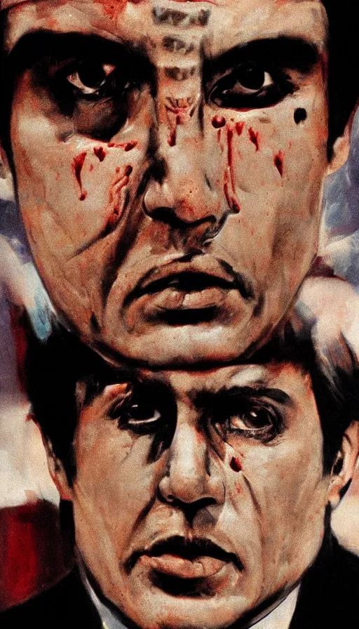 Prompt: close up. perfect symmetric face, coherent symmetric eyes. detailed face. portrait of tony montana from movie scarface. angry face. contrast colors