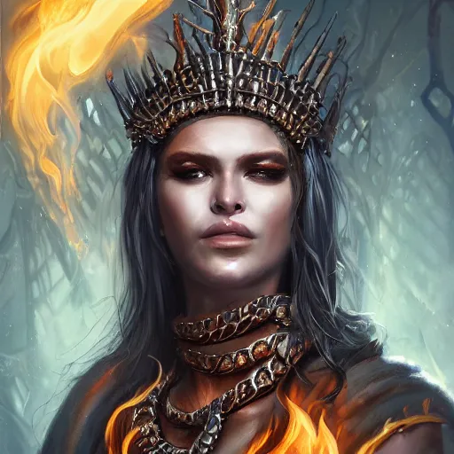 Image similar to Closeup of realistic Sumerian Death Queen with small bones covering vest and flowing fire and smoke , fantasy, intricate, elegant, highly detailed, digital painting, artstation, concept art, matte, sharp focus, illustration, hearthstone, art by Artgerm and Greg Rutkowski and peter mordenbacher