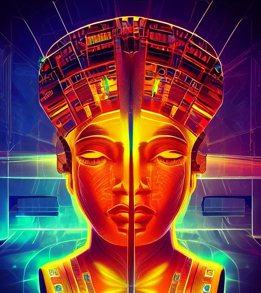 Prompt: symmetry!! egyptian god of technology, solid cube of light, hard edges, product render retro - futuristic poster scifi, lasers and neon circuits, brown skin egyptian god, intricate, elegant, highly detailed, digital painting, artstation, concept art, smooth, sharp focus, illustration, dreamlike, art by artgerm