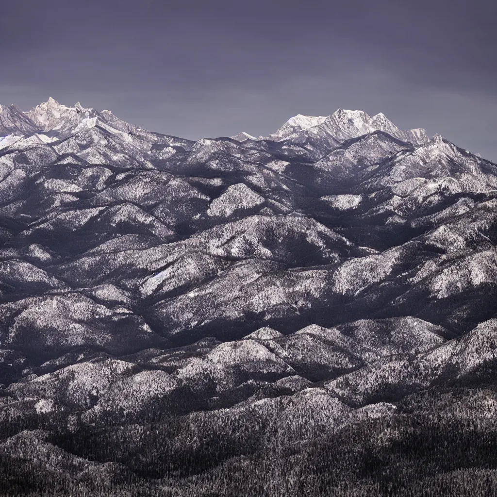 Prompt: Photograph of the rocky mountains at night with snow on the peaks