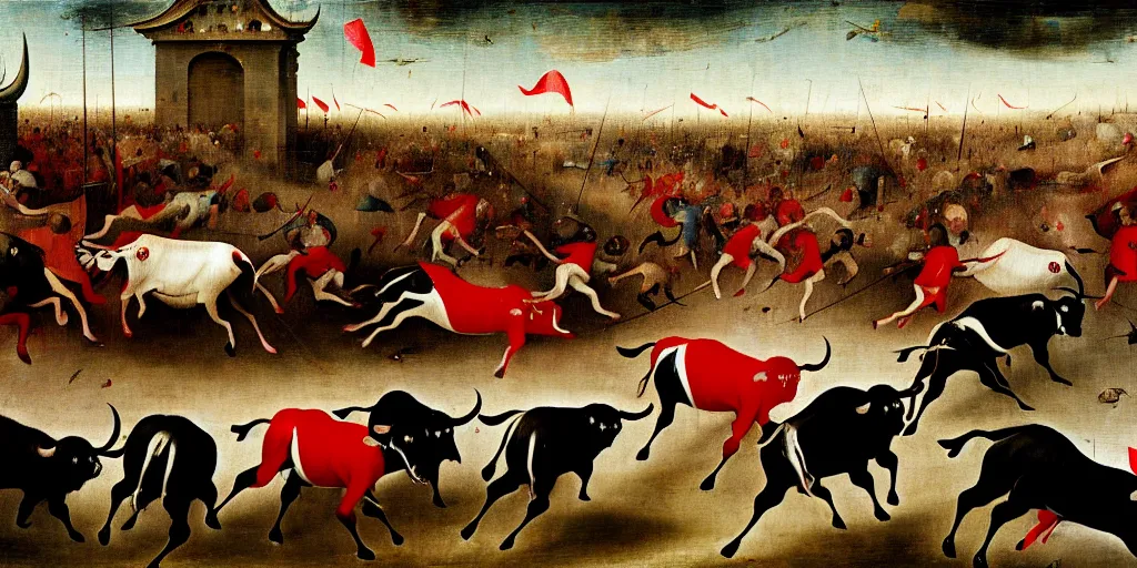 Image similar to the running of the bulls in pamplona, hundreds of people are fleeing from rampaging bulls in the city streets, art by hieronymus bosch, intricate, elegant, highly detailed, smooth, sharp focus, artstation