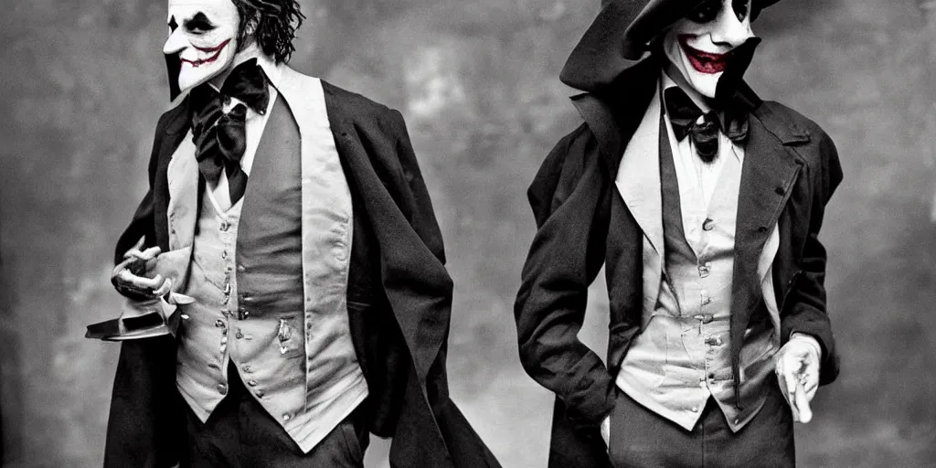 Image similar to joker wearing clothes in the style of directoire style, photograph, grinning, creepy,