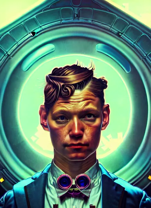 Image similar to high quality high detail portrait of a diesel punk in a suit in an alien world,, tristan eaton, victo ngai, artgerm, rhads, ross draws, hyperrealism, intricate detailed, alphonse mucha, 8 k, sci - fi, pastel colors, artstation,