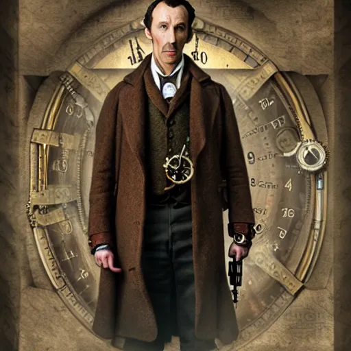 Image similar to portrait of sherlock holmes wearing a steampunk mechanical monacle, matte painting, 4 k, ultra detailed