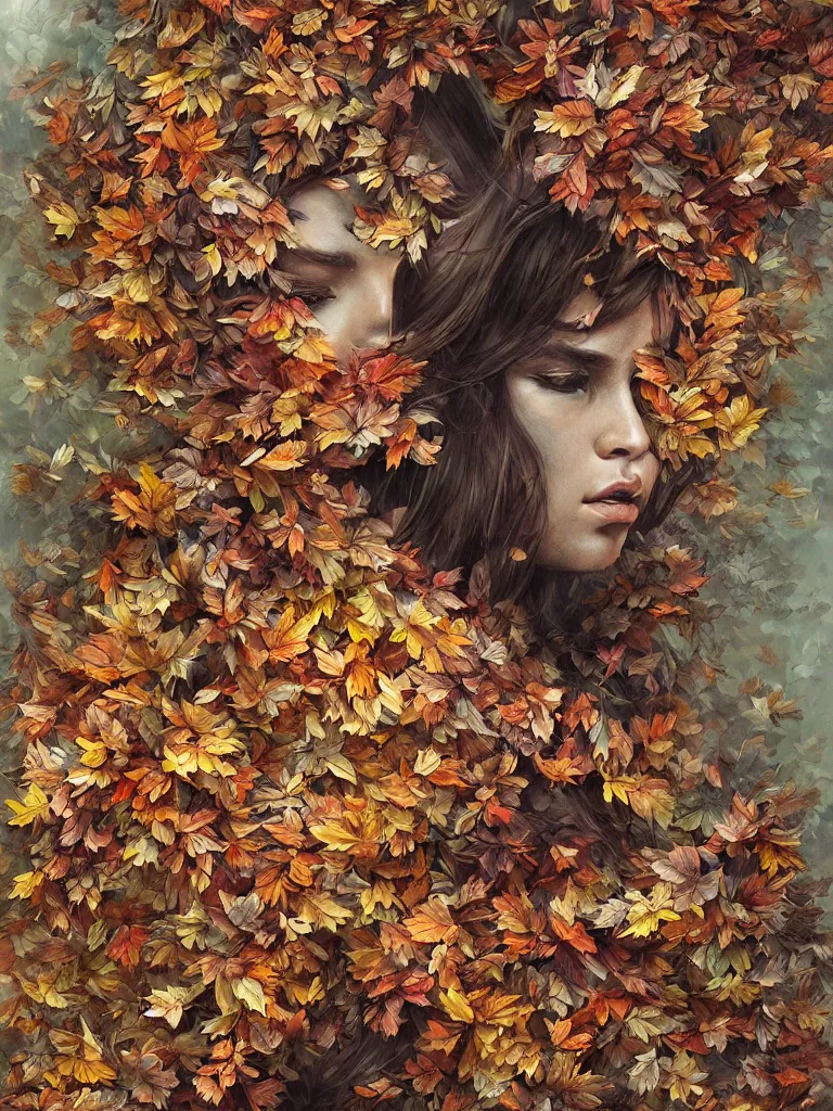 Prompt: a chaotic whirlwind of autumn leaves, intricate details, aesthetically pleasing and harmonious natural colors, art by marco mazzoni, impressionism, detailed, dark, wind