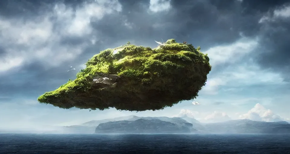 Prompt: A magnificent floating island in the sky above the sea, defying gravity, floating and flying island, epic lighting, epic composition, highly detailed