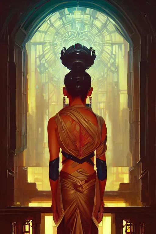 Image similar to temple, cyberpunk, buddhism, painting by greg rutkowski, j. c. leyendecker, artgerm