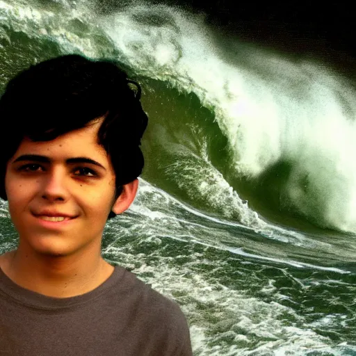 Image similar to photograph of a teenage boy with black hair and sea green eyes standing in the eyes of a Hurricane as waves and water crash around him