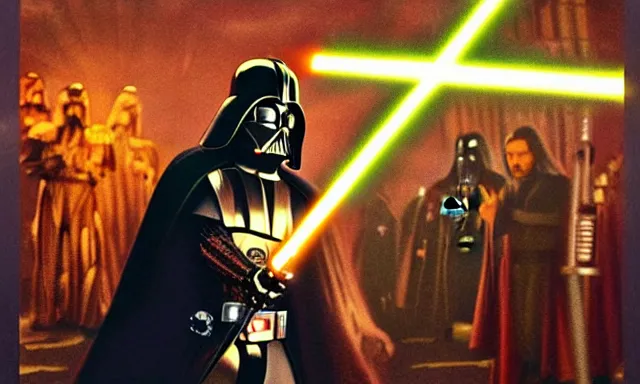 Prompt: full shot photograph of super jesus christ defeating darth vader, using a cross - shaped gold lightsaber, photorealistic, cinematic lighting, extremely detailed, star wars