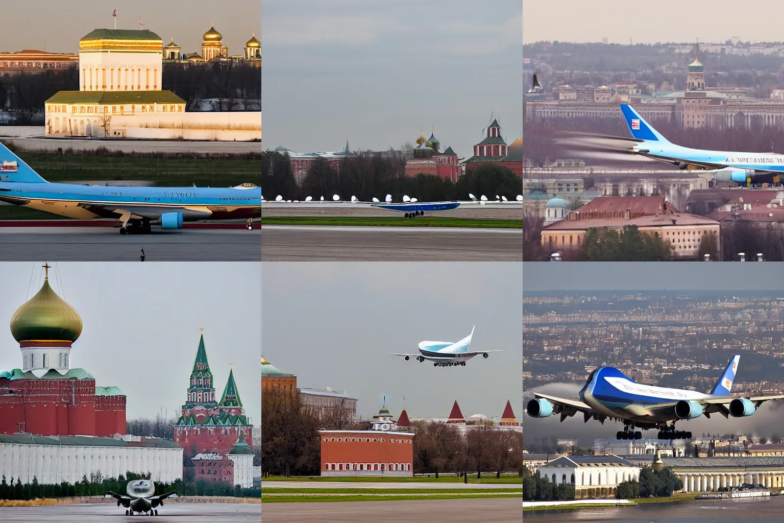 Prompt: the Air Force One landing in the Kremlin