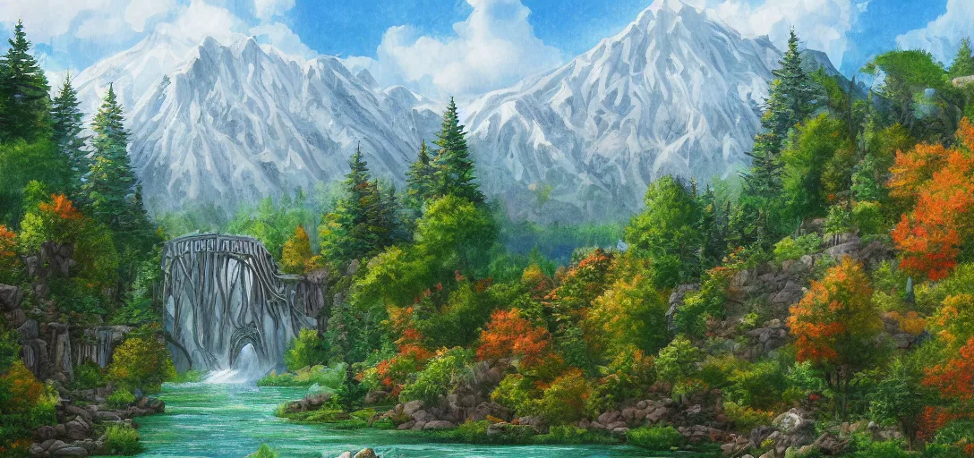 Image similar to Rivendell landscape painted by a five-year old, digital painting