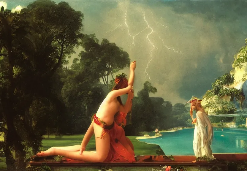 Image similar to Girl at the palace, refracted sparkles, thunderstorm, greek pool, beach and Tropical vegetation on the background major arcana sky, by paul delaroche, hyperrealistic 4k uhd, award-winning, very very very detailed