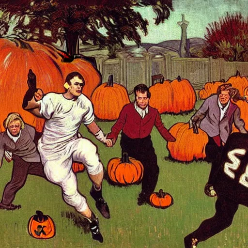 Image similar to painting of arkansas razorbacks playing football with pumpkins at the halloween! party, bubbling cauldron!, candles!, graveyard, gravestones, ghosts, smoke, autumn! colors, elegant, wearing suits!, clothes!, delicate facial features, art by alphonse mucha, vincent van gogh, egon schiele