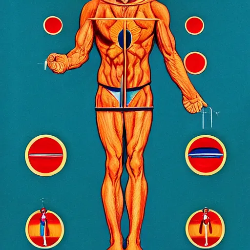 Image similar to ultraman vitruvian man by james jean and salvador dali