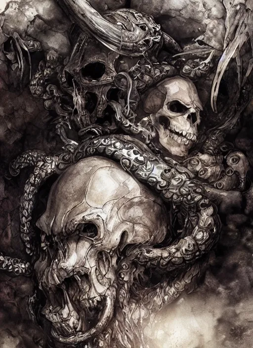 Image similar to portrait, Pirate treasure buried in the cave, kraken, skulls, watercolor, dramatic lighting, cinematic, establishing shot, extremely high detail, foto realistic, cinematic lighting, pen and ink, intricate line drawings, by Yoshitaka Amano, Ruan Jia, Kentaro Miura, Artgerm, post processed, concept art, artstation, matte painting, style by eddie mendoza, raphael lacoste, alex ross