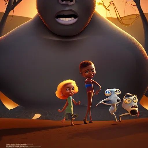 Image similar to stunning, coherent, impressive, still of black family, follow shot, 3d, in the style of pixar, comic book style, 3d, highly detailed, 16k resolution, octane renderer, coherent, cinematic lighting