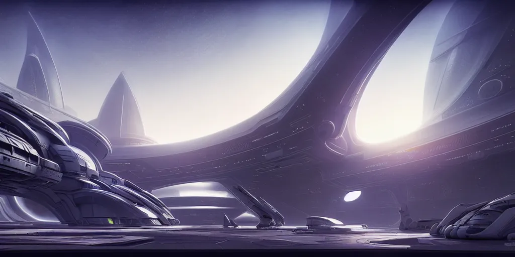 Image similar to futuristic space station 3 d concept art, cinematic lighting, intricate details, building by zaha hadid, soft atmosphere, pastel sunset, emissary space by arthur haas and bruce pennington and john schoenherr, cinematic matte painting, dark moody monochrome colors, trending on artstation, featured on behance