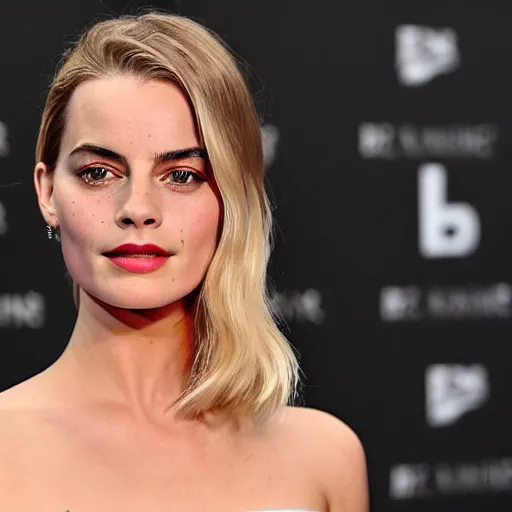 Image similar to a woman who is a genetic combination of margot robbie and emma watson face and upper - body focus