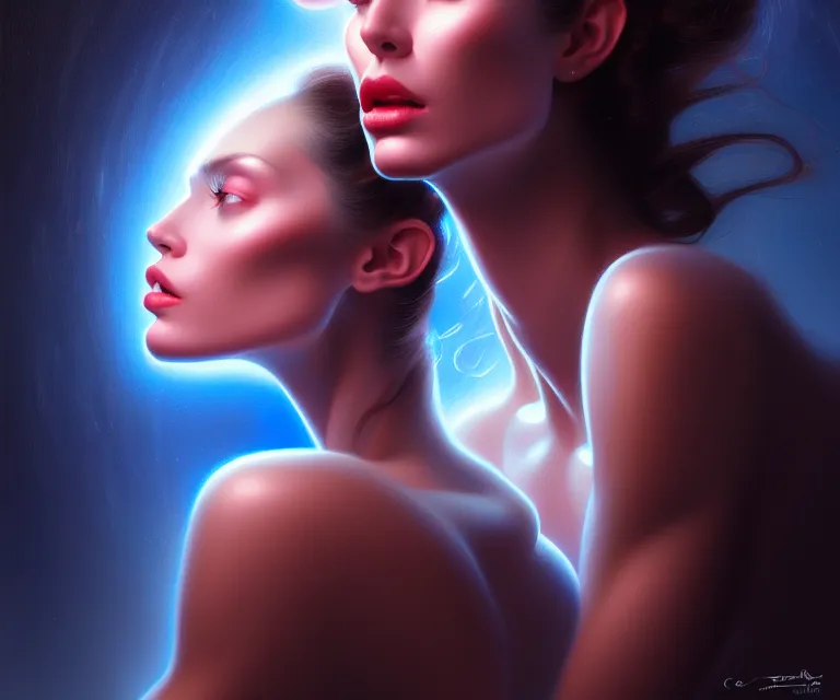 Prompt: beauty woman with detailed faces, in holograms of alien artifacts, electrical case display, total recall tech, , ultrarealistic, dramatic lighting, electrical details, high details, 4k, 8k, best, accurate, trending on artstation, artstation, photorealism, ultrarealistic, digital painting, style of Peter Mohrbacher, Caravaggio, Boris Vallejo