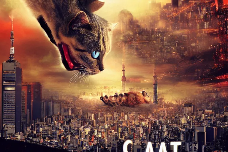 Image similar to cat attacking Tokyo, disaster movie poster, masterpiece, masterwork, cgstudio