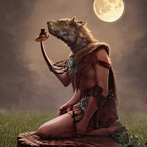 Image similar to spartan shaman drinking tea with trichocereus background and smoke haze, full moon, wolf, photo in the style of the celestine prophecy, wlop, artgerm, greg rutkowski and alphonse mucha