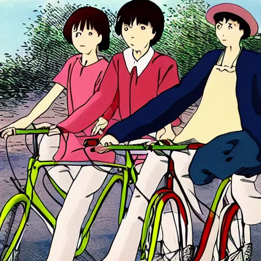 Image similar to three people share a bike, front and rear seats, lovely, by hayao miyazaki