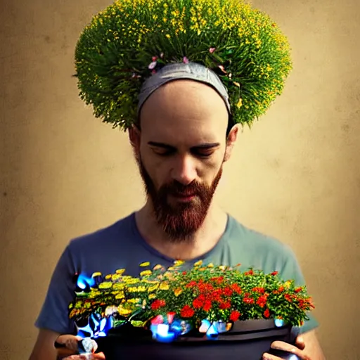 Image similar to man pouring water on head, flowers are in a pot on his head, the pot is part of his head, high detail, 8K digital art