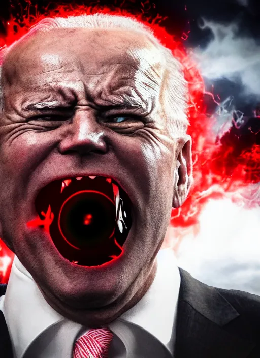 Prompt: hyper realistic photo towering angry wrathful furious glowing red eyes biden