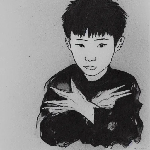 Image similar to chinese boy with short hair, black ink drawing