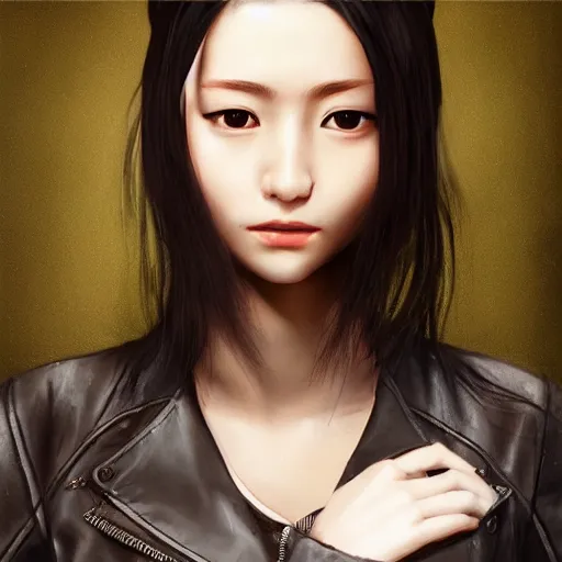 Image similar to perfect, realistic oil painting of close-up japanese young woman wearing leather jacket, in Perfect World mmorpg