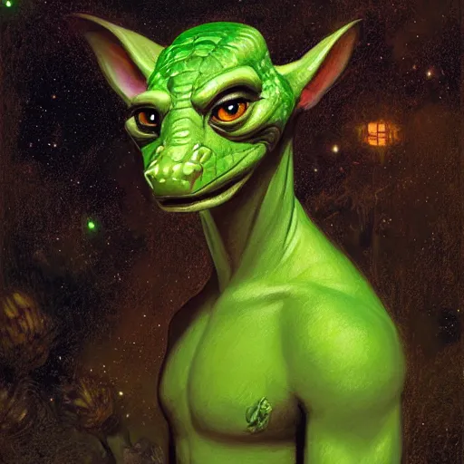 Prompt: a portrait of a male green reptile in star trek uniform at night in a dark forest. zootopia fursona furaffinity furry art detailed face painting by gaston bussiere craig mullins jc leyendecker gustav klimt artgerm greg rutkowski