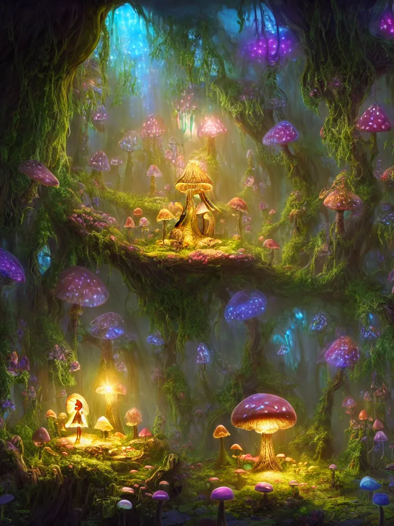 Prompt: the interior of a celestial dainty fairy cottage in a bioluminescent tree trunk decorated beautifully, lots of cute fairy design elements like toadstool mushrooms and cyberpunk robots, warm sunlight shining in, lots of plants and flowers, concept art 8 k resolution, fantasy illustration, sharp focus, detailed painting, deep color, volumetric lighting, crepuscular rays