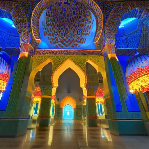 Image similar to redhead girl, blue dress, detailed, nasirolmolk mosque, colorful lights, by john howe _ h 7 0 4