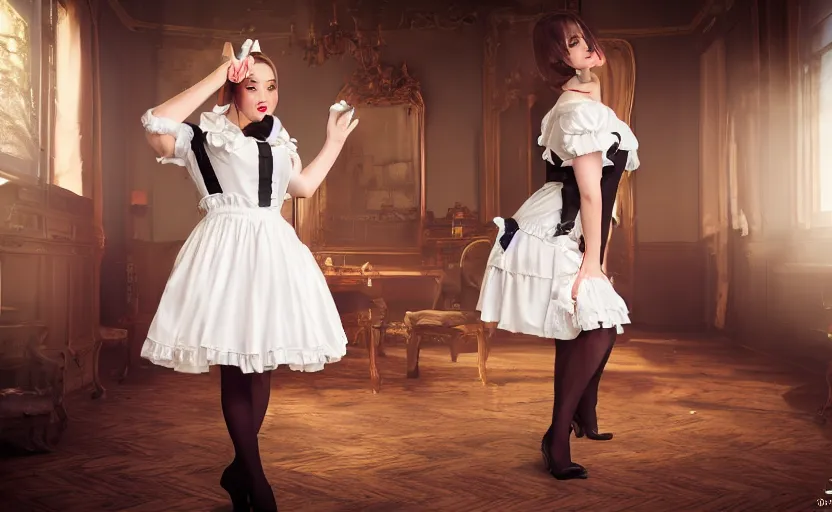 Image similar to a french maid, cinematic, 3 6 0 panorama, lens flare, 4 k, 8 k, 1 6 k, 3 2 k, ultra - hd, super - resolution, megapixel, natural lighting, sunlight, cinematic lighting, studio lighting, volumetric, full body photoshoot