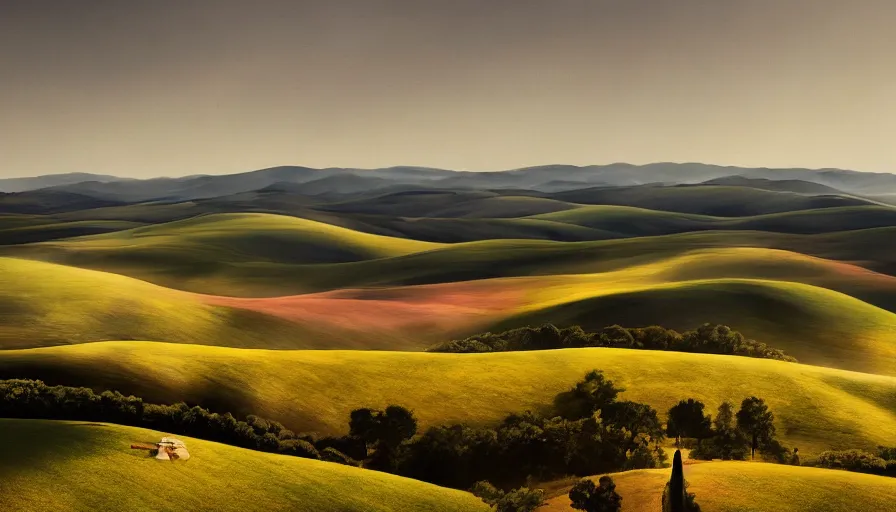 Image similar to a beautiful landscape painting, flying saucers, tuscany hills, by sam guay, moody lighting, hyperrealism, 4 k, octane render