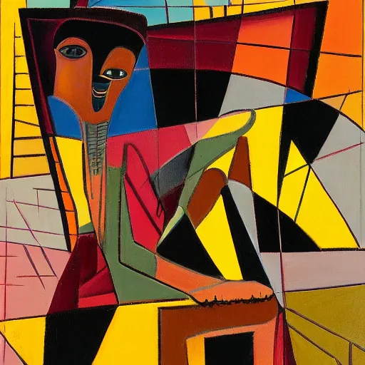 Image similar to A vividly detailed wide angle cubism painting of a illusory women sitting on an almost depthless flat chair with an African mask on her face looking angry, muted browns, yellows and blacks, digital art