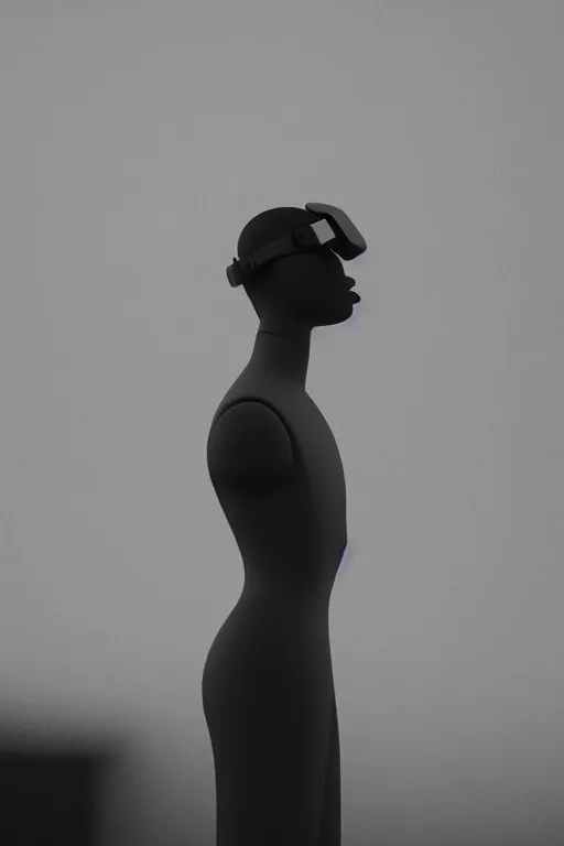 Image similar to black and white high quality photo of a mannequin wearing a VR headset, volumetric lighting, brutalism, foggy, dreamy, hyperdetailed, bokeh, photorealistic, cinematic, masterpiece, elegant, dark, by Giorgio de Chirico, octane render, 8K,