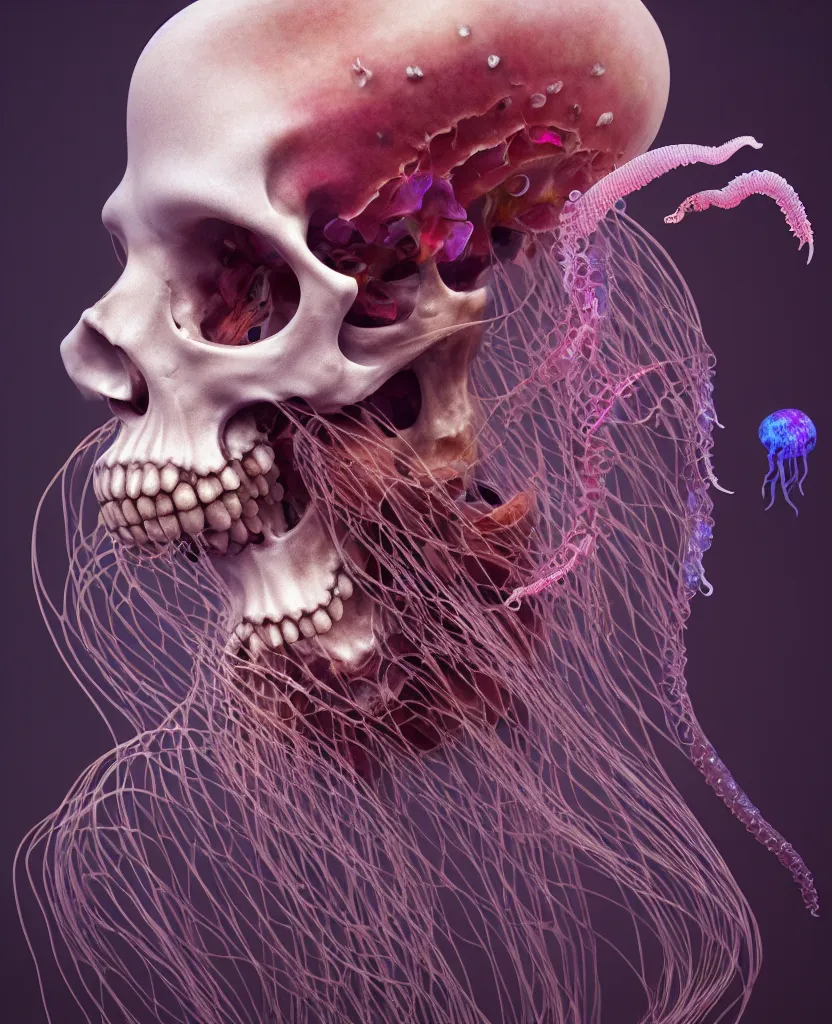 Image similar to goddess close - up portrait human skeleton, ram skull, jellyfish, orchid, betta fish, bioluminiscent, intricate artwork by tooth wu and wlop and beeple. octane render, trending on artstation, greg rutkowski very coherent symmetrical artwork. cinematic, hyper realism, high detail, octane render, 8 k