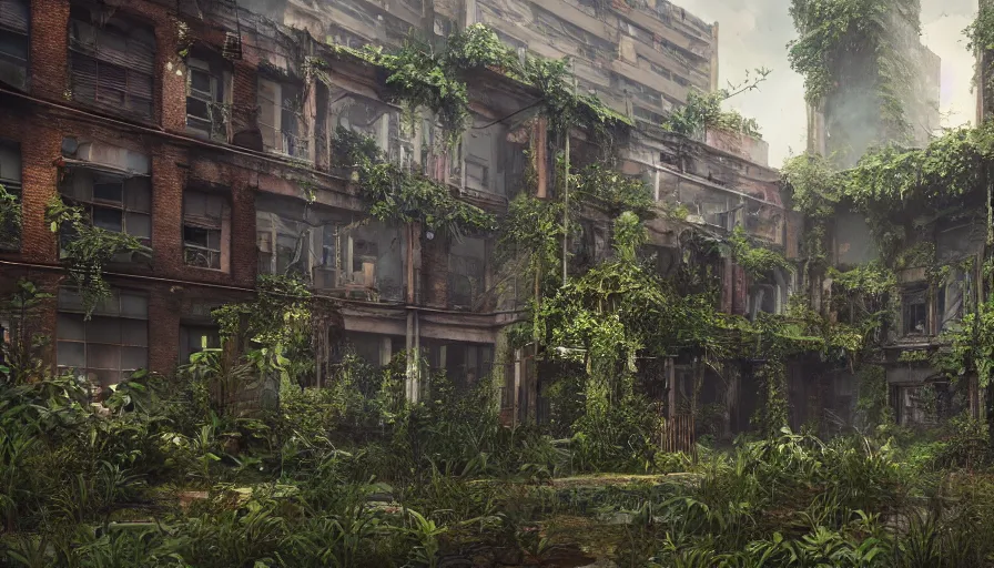 Image similar to Abandoned Building Overgrown by beautiful plants, Dystopian Slum, Hyperrealism, Hyperdetailed, Intricate Details, Anamorphic Lens, Cinematic Lighting, Volumetric Lights, Raytracing Reflections, Unreal Engine 5