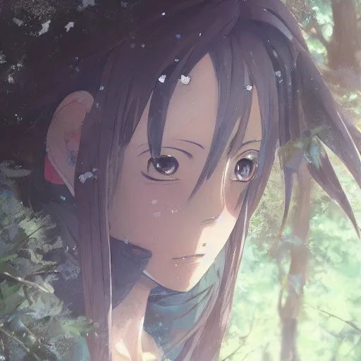 Prompt: closeup of an anime character in the woods, hyperrealistic, trending on pixiv fanbox, painted by greg rutkowski makoto shinkai takashi takeuchi studio ghibli, akihiko yoshida