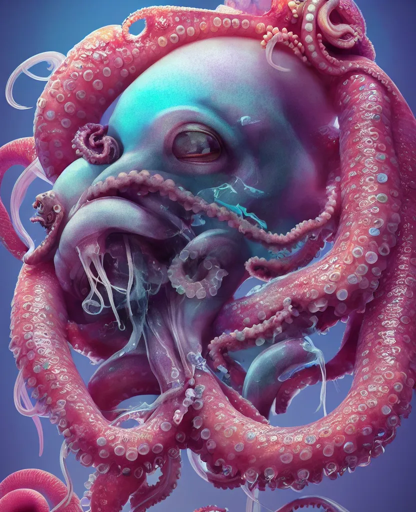 Prompt: goddess close-up portrait human high on ecstacy, ram skull, octopus, jellyfish, orchid, betta fish, bioluminiscent, intricate artwork by Tooth Wu and wlop and beeple. octane render, trending on artstation, greg rutkowski very coherent symmetrical artwork. cinematic, hyper realism, high detail, octane render, 8k