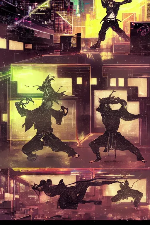 Prompt: Cybernetic Taoist martial-artist practicing qi-gong, chi-gong, kung-fu upon a city rooftop dojo with bonsai trees decorating the place. Dynamic, delirious, creative panel style by Bill Sienkiewicz. Heavy chromatic abberation. Visual distortion. Sci-Fi cyberpunk Comic page made up of art by the best artists Trending on Artstation. Octane render, Raytracing, 3d masterpiece, fantastic lighting by James Gurney. Noir detective genre.