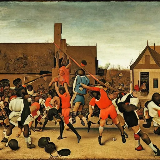 Image similar to harlem trotters depicted in a pieter bruegel painting, dramatic