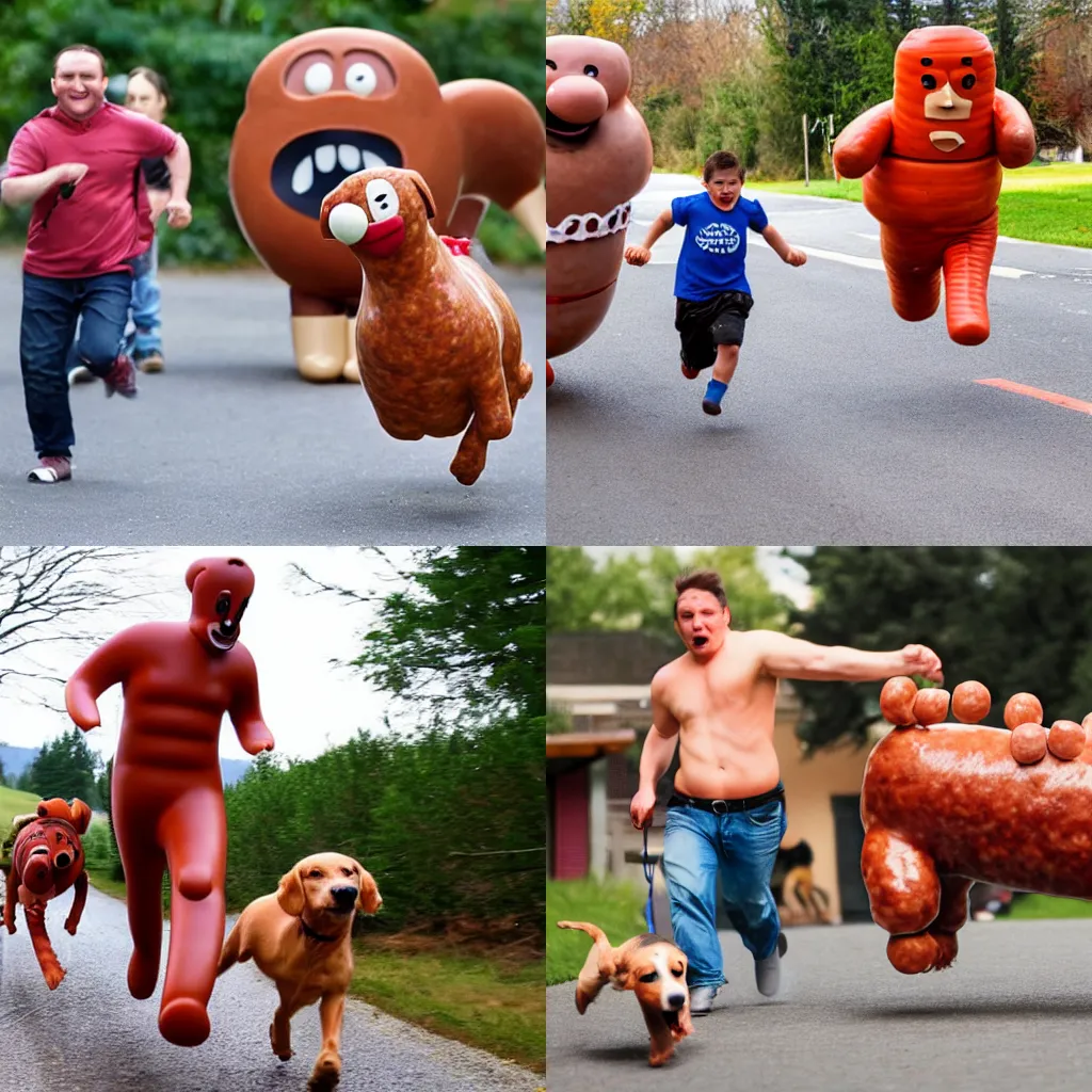 Prompt: a man made of sausages is being chased by a dog