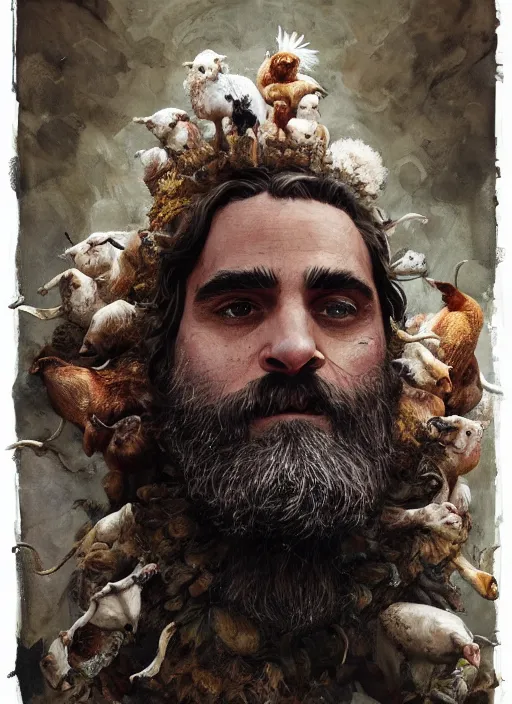 Image similar to a hyper detailed painting of joaquin phoenix surrounded by animals, cow horns, pig nose, sheep wool, chicken feather armor, horror, by anna podedworna, by miklos ligeti, by diego maricato, by taran fiddler, by antonino truisi, by chris reddie, by jinsung lim, trending on artstation