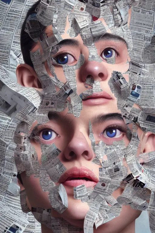 Prompt: 3 d, close - up, laughing fashion model looking up, newspaper, tears, poster art, intricate oil painting, high detail, figurative art, multiple exposure, poster art, 3 d, by stanley kubrick and tooth wu and wlop and beeple