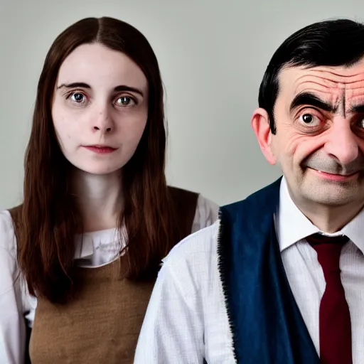 Image similar to A portrait mr bean elizabeth teams up with a teenage mr bean, perfect faces, 50 mm, award winning photography