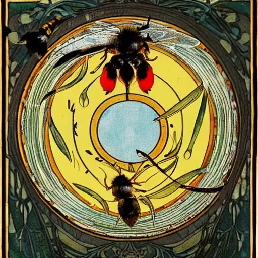 Image similar to a bloody spiritual ritual spell with a bumblebee at the middle of a bullseye of salt, art nouveau