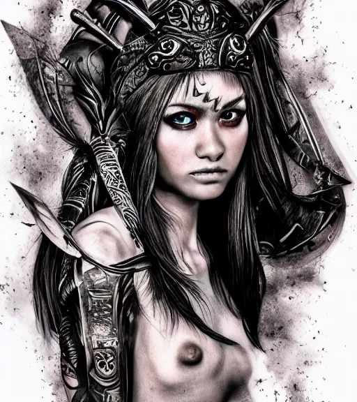 Image similar to tattoo design of a hyper realistic beautiful girl warrior, hyper detailed, inspired by eliot kohek, on white background